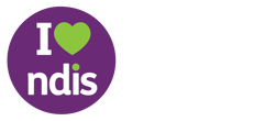 White text 'I', green heart, and white text 'NDIS' inside a purple circle. On the right side, white text reads 'REGISTERED NDIS PROVIDER'.