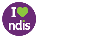White text 'I', green heart, and white text 'NDIS' inside a purple circle. On the right side, white text reads 'REGISTERED NDIS PROVIDER'..